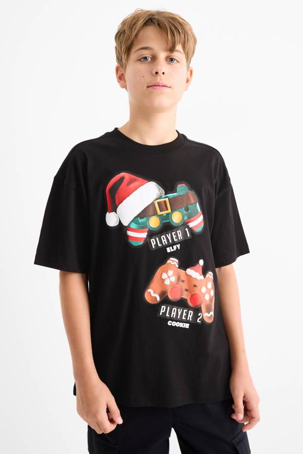 Copii - Băieți - Gaming - tricou cu mânecă scurtă cu motive de Crăciun - negru