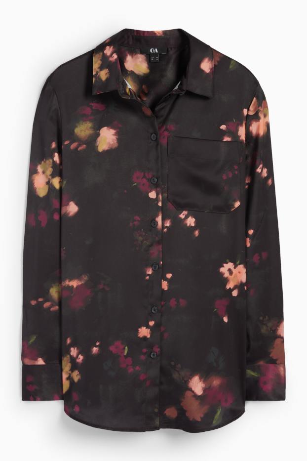 Femei - Bluză din satin - cu flori - negru