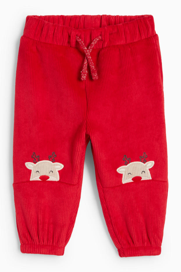 Bebeluși - băieți - Ren - pantaloni de trening termoizolanți bebeluși, cu motive de Crăciun - reiați - roșu
