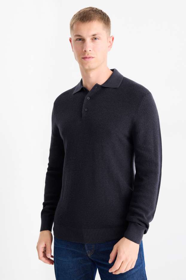 Bărbați - Tricou polo cu mânecă lungă - regular fit - din tricot - structurat - albastru închis