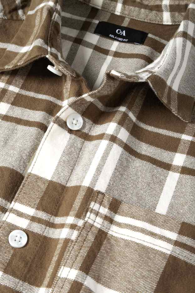 Bărbați - Cămașă din flanel - regular fit - guler Kent - în carouri - alb / bej