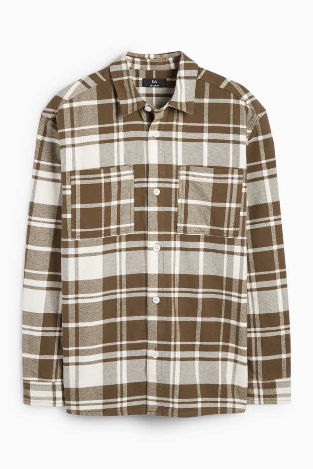 Bărbați - Cămașă din flanel - regular fit - guler Kent - în carouri - alb / bej