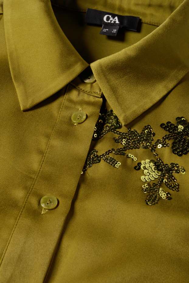 Femei - Bluză din satin - aspect lucios - cu flori - verde