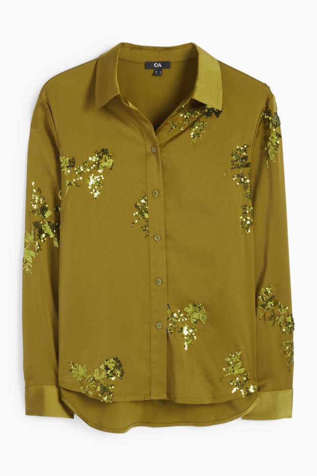 Femei - Bluză din satin - aspect lucios - cu flori - verde