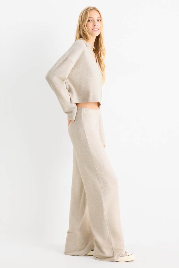 Damen - Strick-Hose - Mid Waist - Wide Leg - gerippt - hellbeige