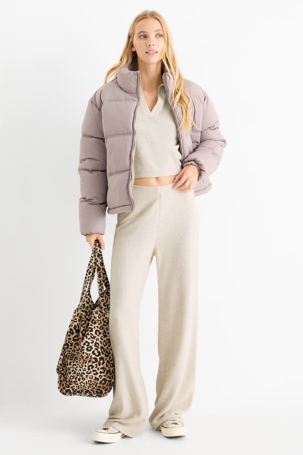 Damen - Strick-Hose - Mid Waist - Wide Leg - gerippt - hellbeige