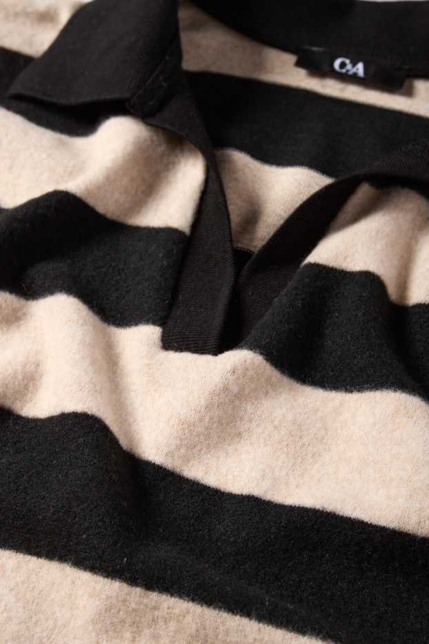 Femei - Tricou polo cu mânecă lungă - din tricot - cu dungi - negru / nej