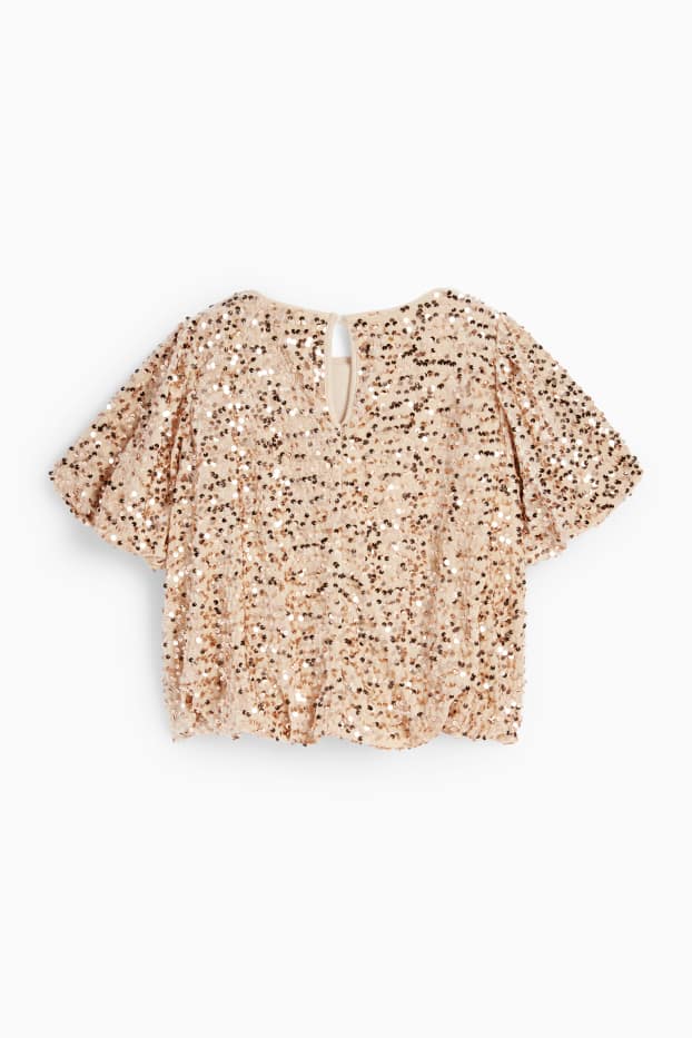 Copii - Fete - Tricou cu mânecă scurtă din catifea cu paiete - bej deschis