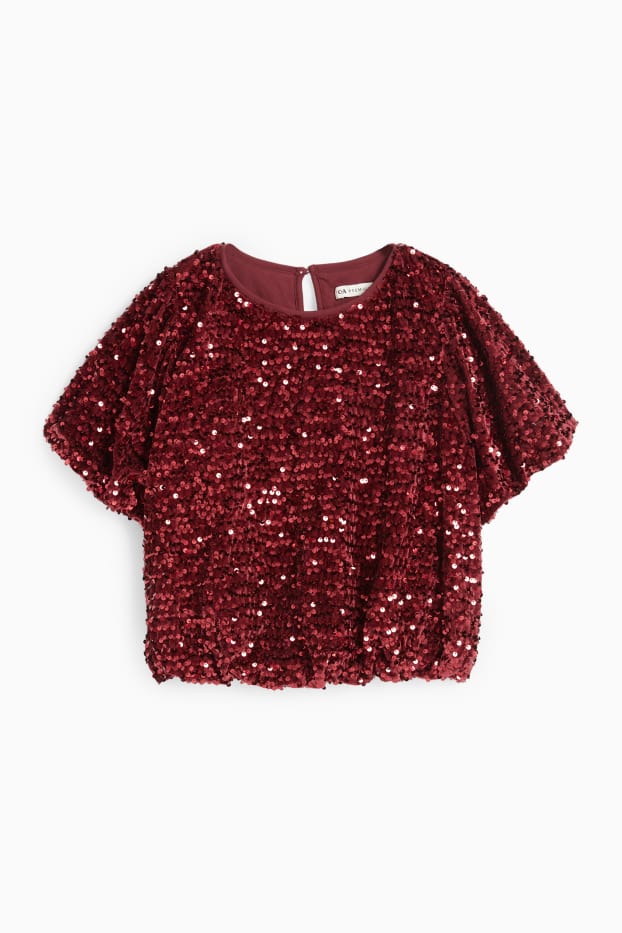Copii - Fete - Tricou cu mânecă scurtă din catifea cu paiete - vișiniu