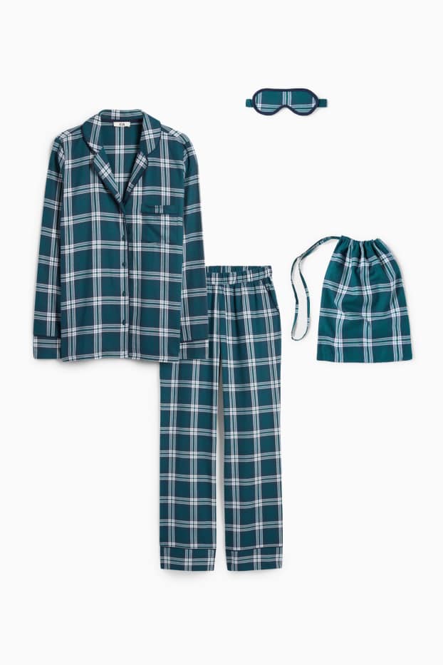 Femei - Set - pijama din flanel, mască de dormit și săculeț de pânză, cu motive de Crăciun - verde închis