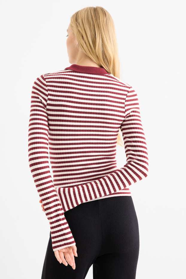 Women - Long sleeve polo shirt - slim fit - ribbed - embroidered - dark red / black