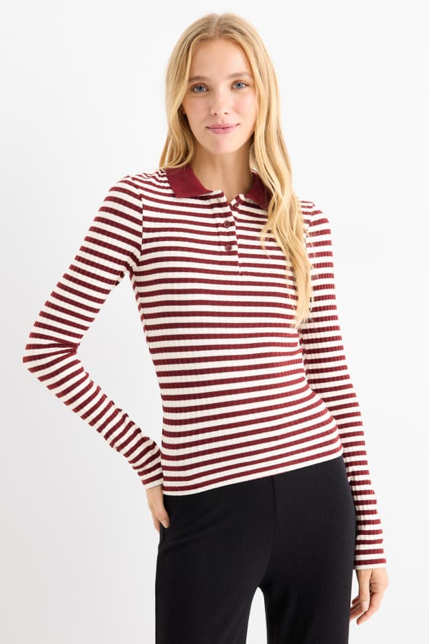 Women - Long sleeve polo shirt - slim fit - ribbed - embroidered - dark red / black