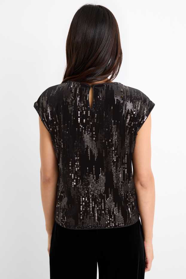 Femei - Tricou din catifea cu paiete - regular fit - negru