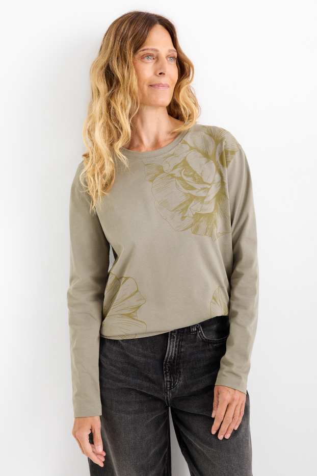 Donna - Maglia a maniche lunghe - a fiori - verde