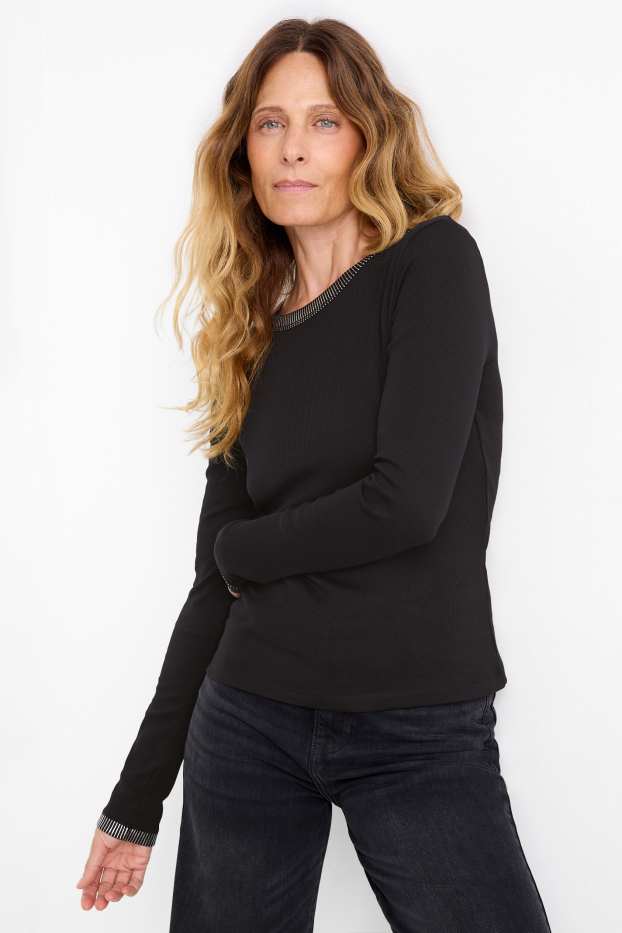 Women - Long sleeve top - slim fit - ribbed - black