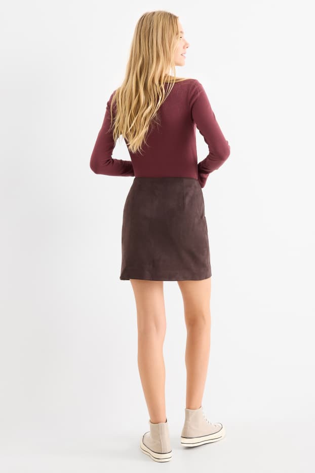 Dámské - Minisukně - imitace semiše - tmavohnědá