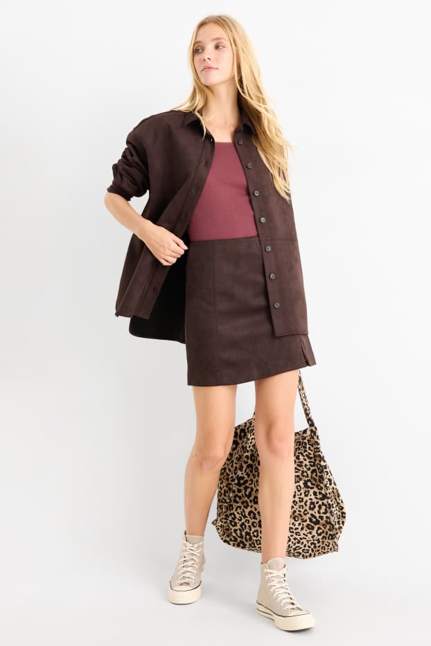 Dámské - Minisukně - imitace semiše - tmavohnědá