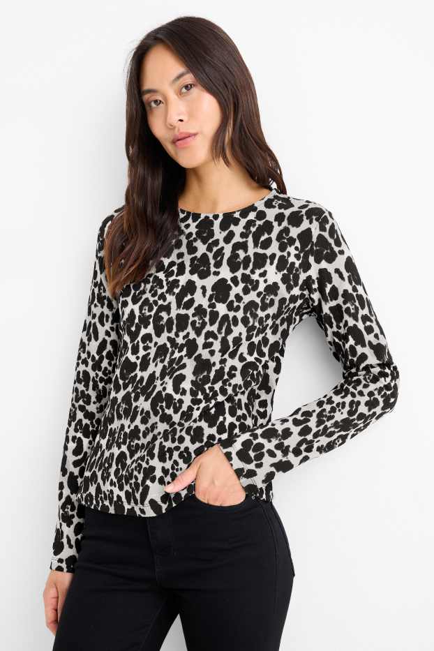Femei - Tricou cu mânecă lungă - regular fit - imprimeu de leopard - negru / gri