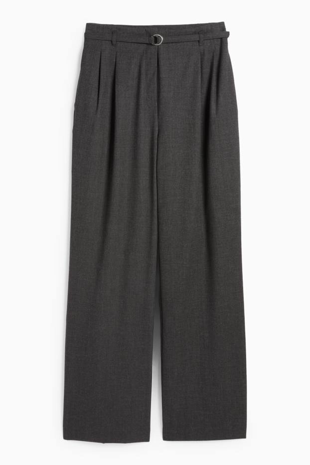 Dámské - Plátěné kalhoty s páskem - high waist - wide leg - tmavošedá