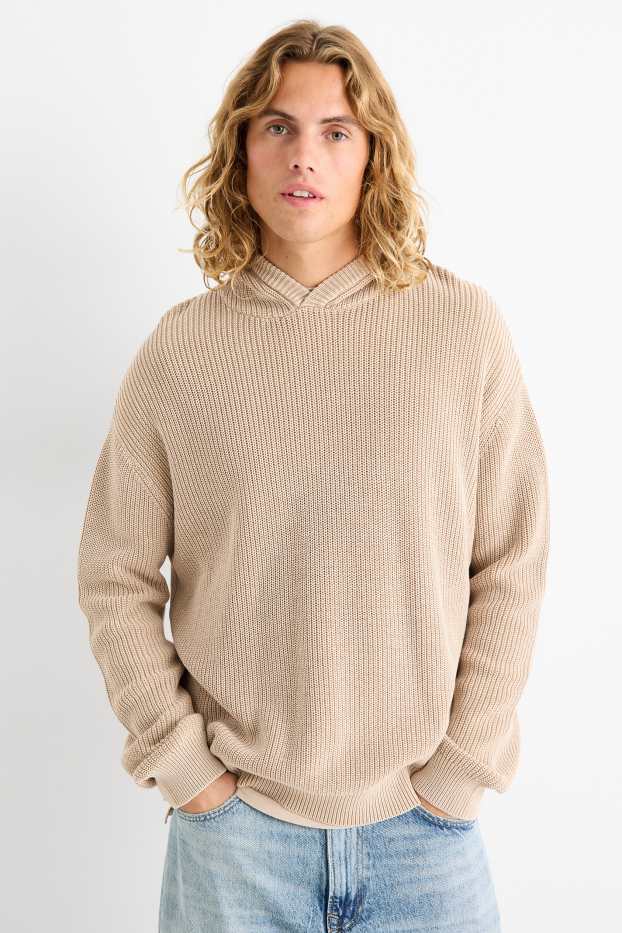 Hommes - Pull à capuche - finition côtelée - beige