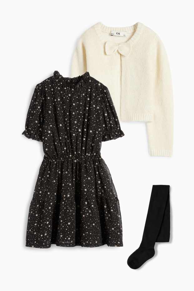 Copii - Fete - Set - rochie din șifon, cardigan tricotat și dresuri - 3 piese - negru