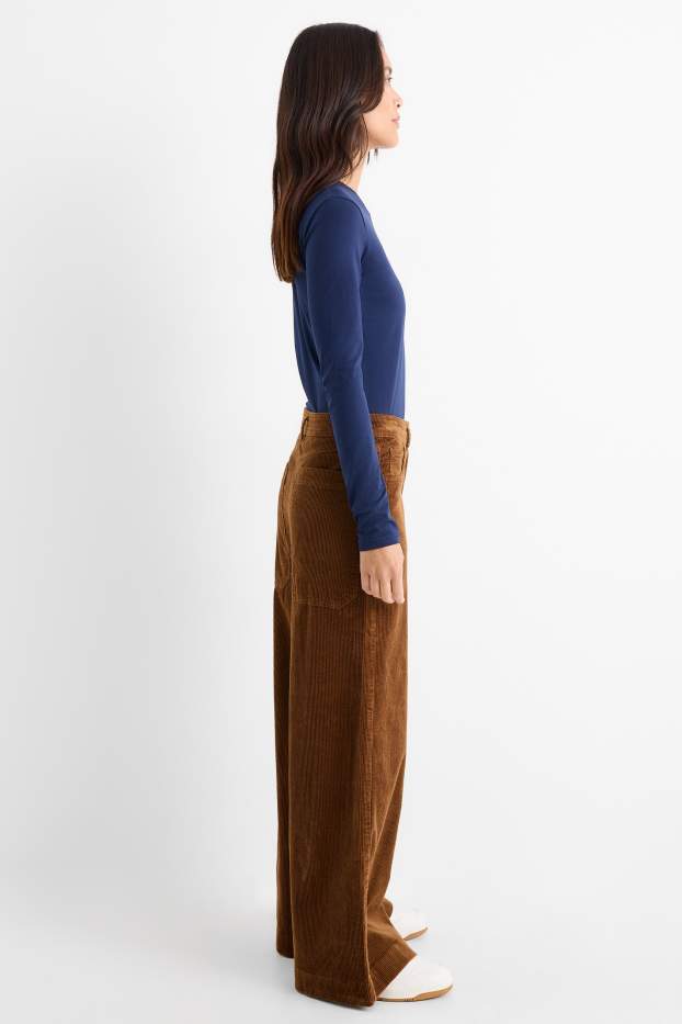 Dámské - Manšestrové kalhoty - mid waist - wide leg - LYCRA® - hnědá