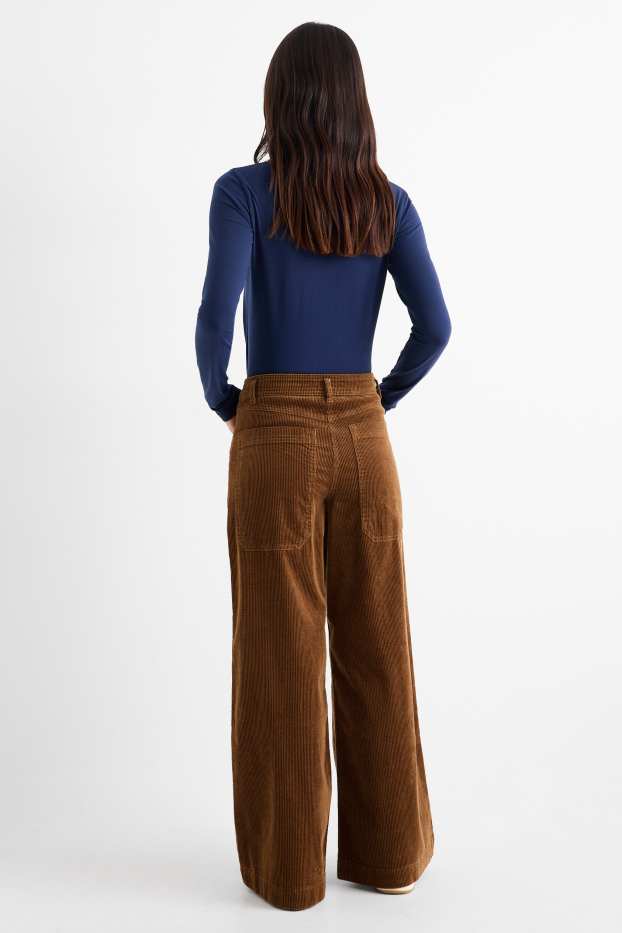Dámské - Manšestrové kalhoty - mid waist - wide leg - LYCRA® - hnědá