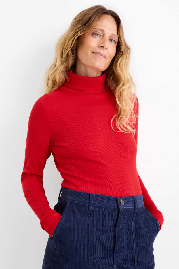 Damen - Rollkragenshirt - gerippt - rot