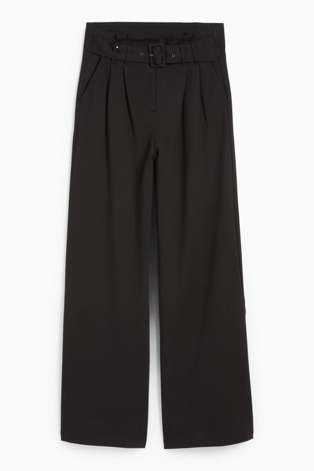Femei - Pantaloni din jerseu cu curea - talie înaltă - wide leg - negru
