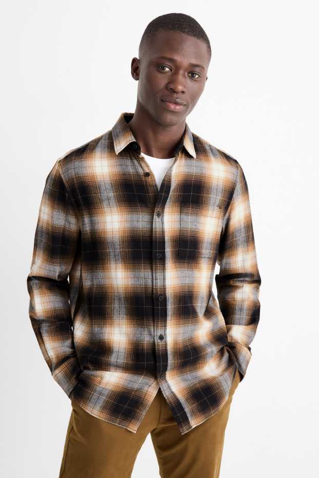 Men - Shirt - regular fit - kent collar - check - light brown