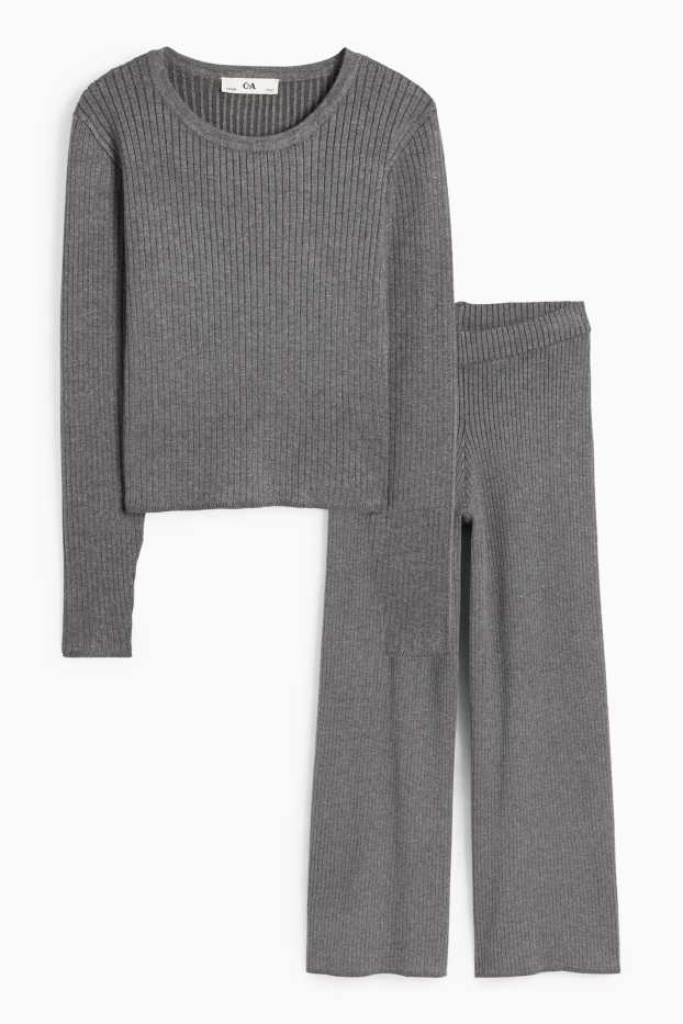 Copii - Fete - Set - tricou cu mânecă lungă și pantaloni din jerseu - reiați - 2 piese - gri închis