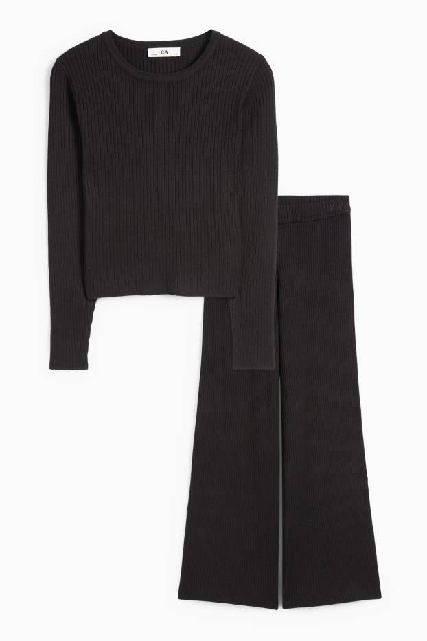 Copii - Fete - Set - tricou cu mânecă lungă și pantaloni din jerseu - reiați - 2 piese - negru