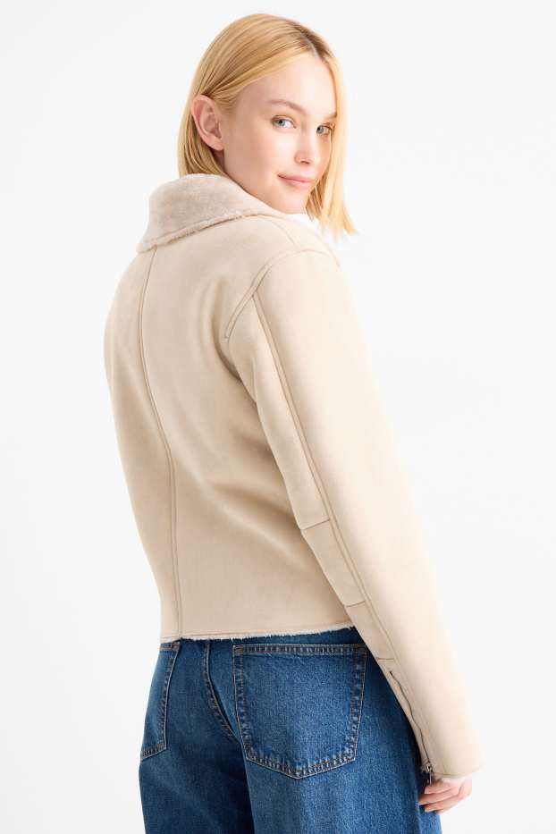 Femei - Geacă din piele shearling sintetică - imitație de piele întoarsă - bej deschis