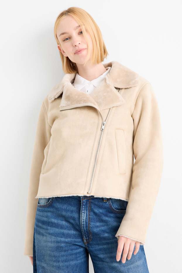 Femei - Geacă din piele shearling sintetică - imitație de piele întoarsă - bej deschis
