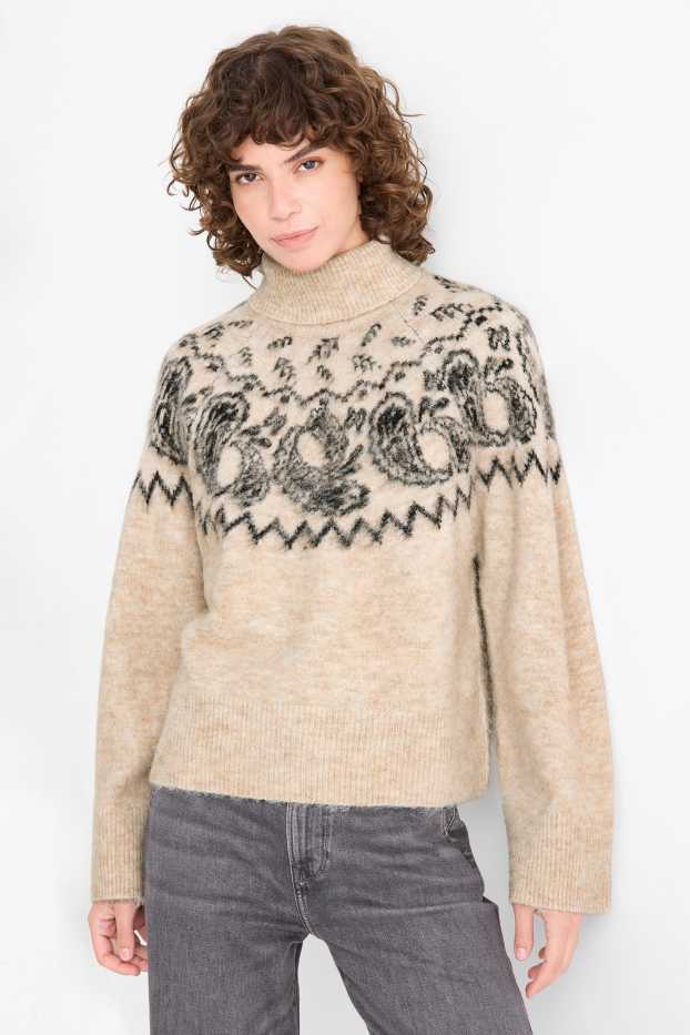 Femei - Pulover cu guler rulat - cu model - negru / nej