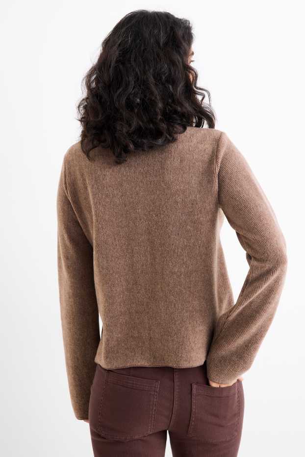 Dámské - Pletený kardigan - žebrovaný - hnědá