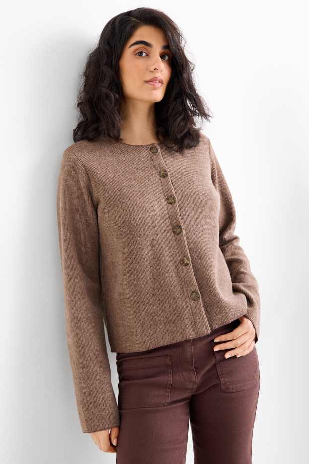 Dámské - Pletený kardigan - žebrovaný - hnědá