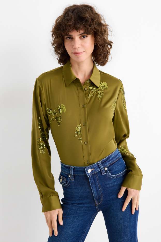 Femei - Bluză din satin - aspect lucios - cu flori - verde