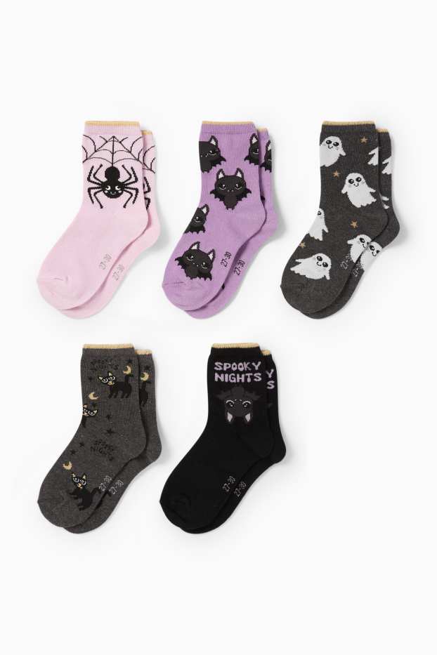 Copii - Fete - Multipack 5 perechi - Halloween - șosete cu motive - negru / roz