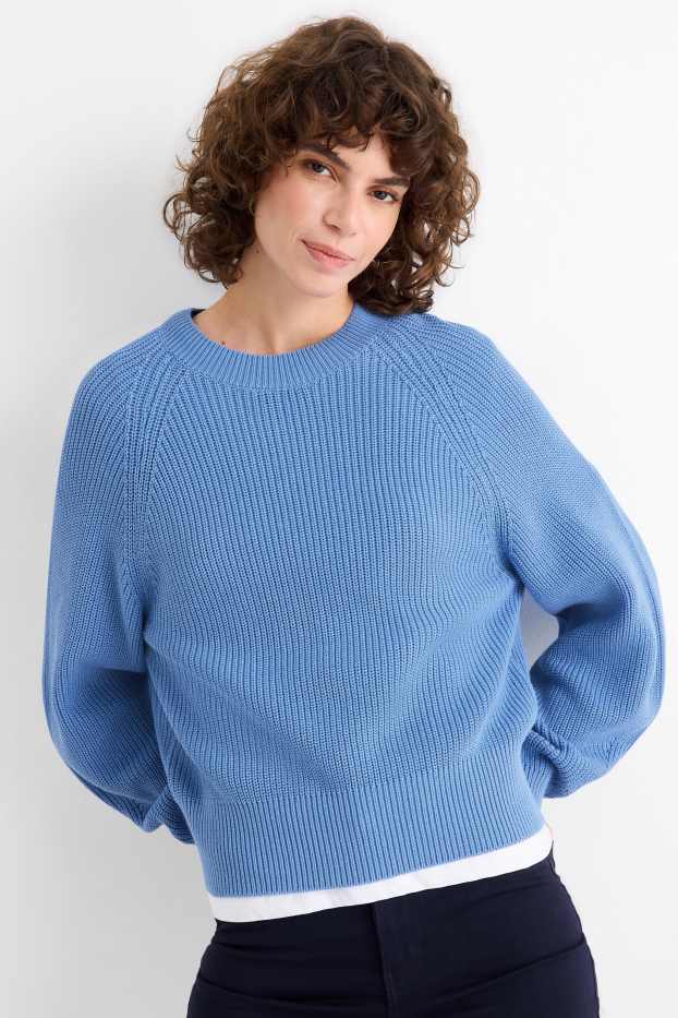 Dámské - Svetr - žebrovaný - světle modrá