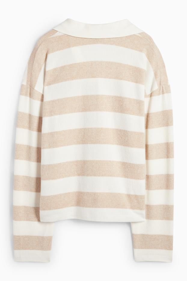 Femei - Tricou polo cu mânecă lungă - din tricot - cu dungi - alb / bej