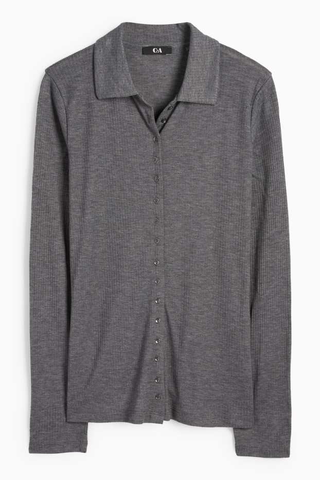 Women - Long sleeve polo shirt - regular fit - ribbed - gray