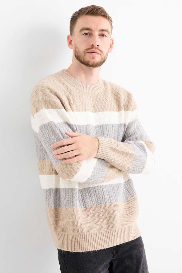 Heren - Trui - gestreept - met structuur - grijs / beige