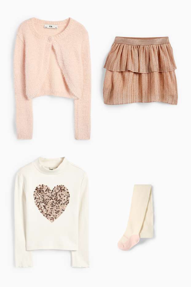 Copii - Fete - Set - tricou cu mânecă lungă, cardigan tricotat, fustă și dresuri - roz