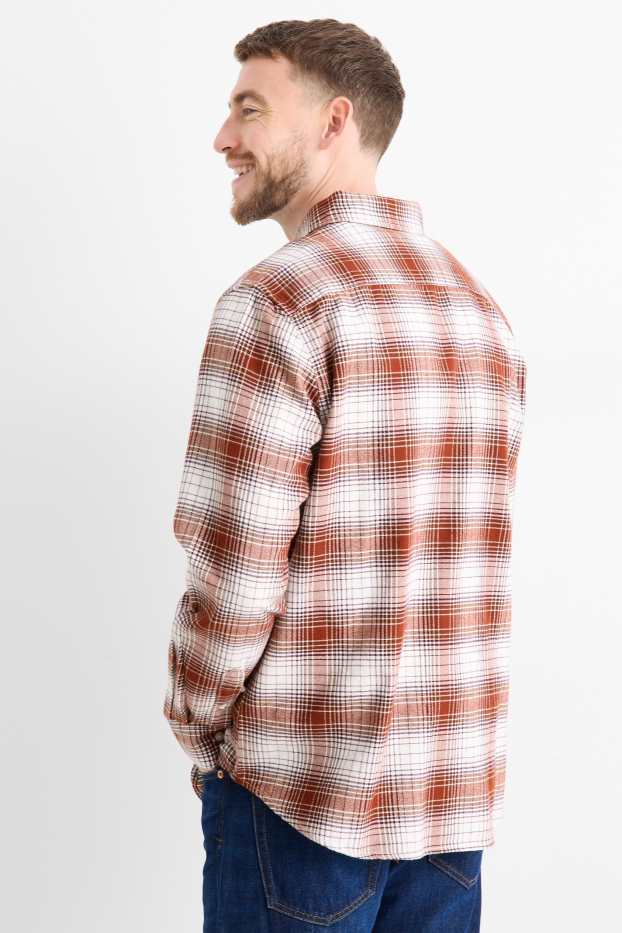 Bărbați - Cămașă din flanel - regular fit - guler Kent - în carouri - maro