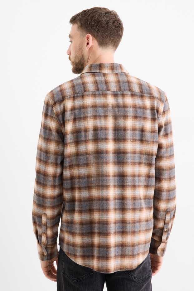 Bărbați - Cămașă din flanel - regular fit - guler Kent - în carouri - maro deschis