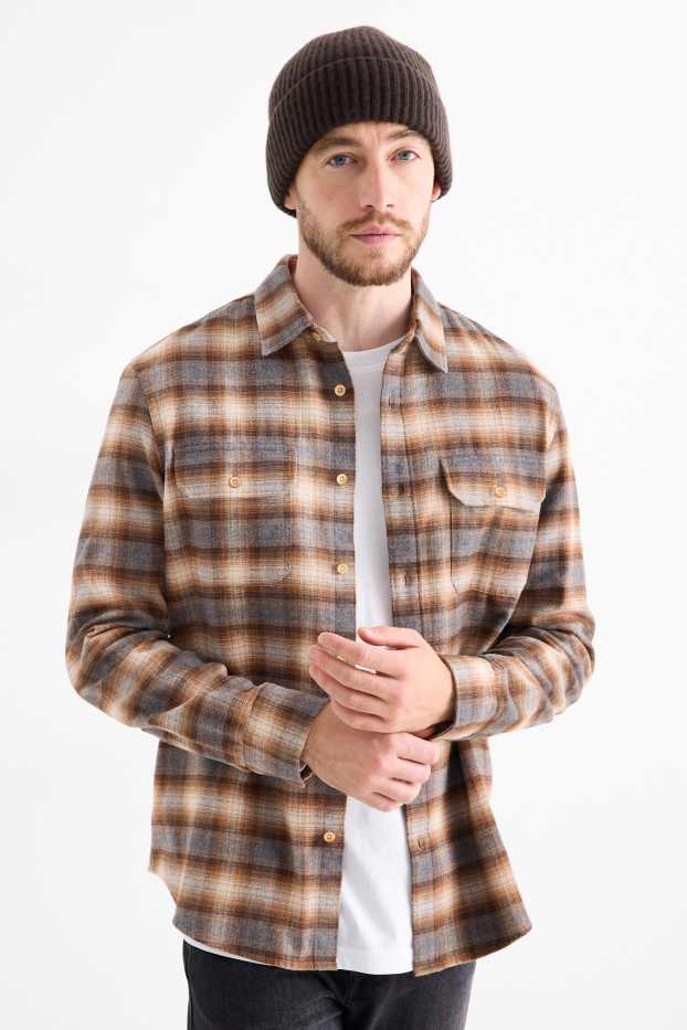 Bărbați - Cămașă din flanel - regular fit - guler Kent - în carouri - maro deschis