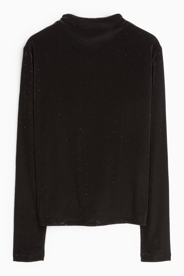 Women - Velvet long sleeve top with rhinestones - regular fit - black