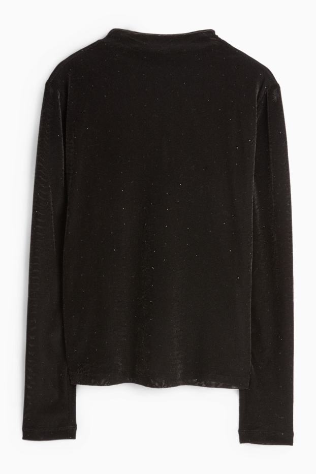 Women - Velvet long sleeve top with rhinestones - regular fit - black