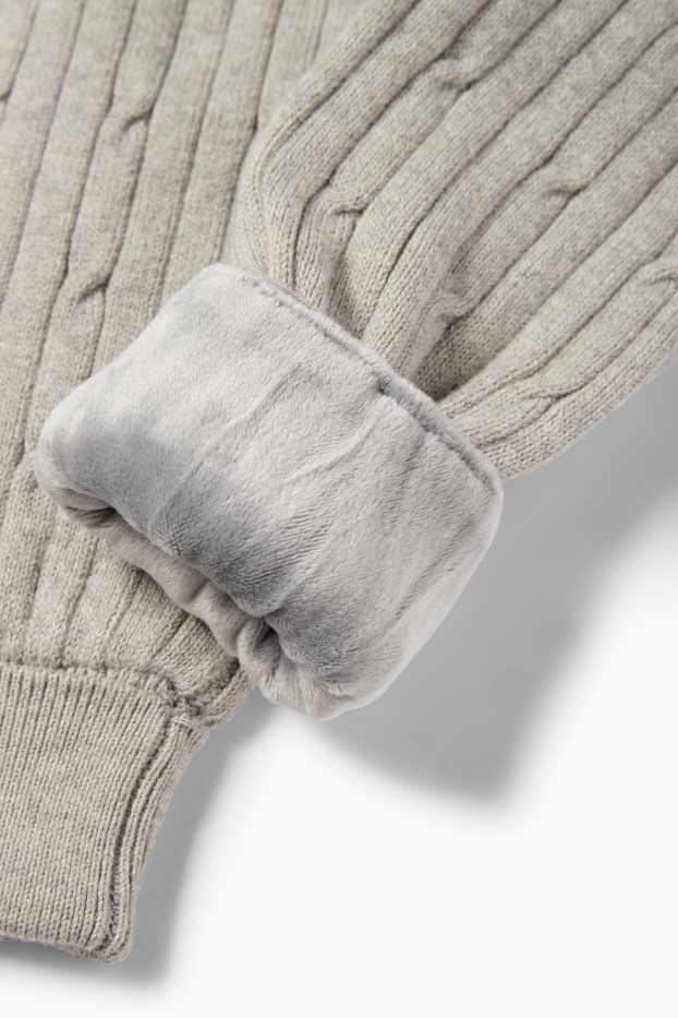 Copii - Fete - Pantaloni de trening din tricot termoizolanți - cu torsade - gri deschis melanj